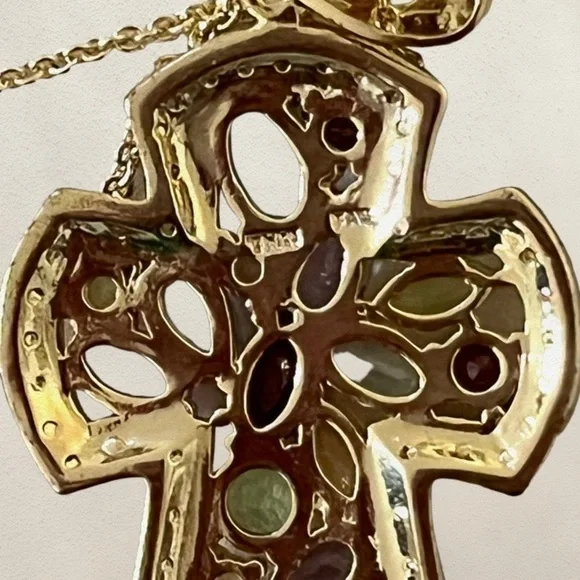 FAS Sterling Silver Gold Vermeil Gemstone Cross Pendant w/ Cable Chain Necklace - Picture 2 of 4